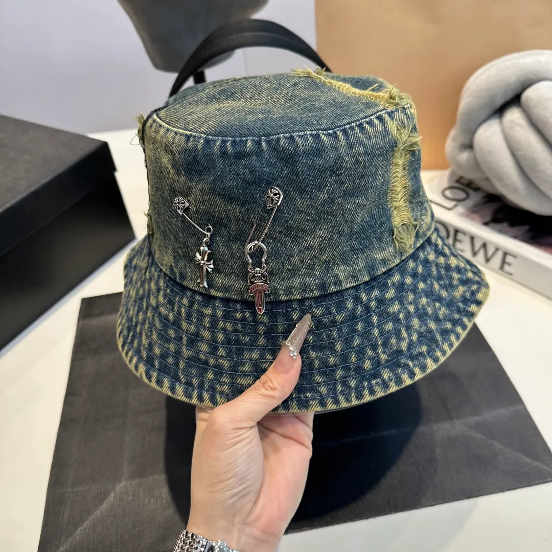 P60 Croxin spring and summer new denim fisherman hat, retro old street style, washed and torn edges, photo-taking item